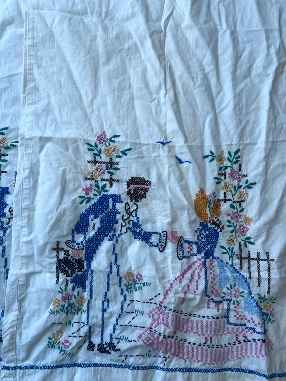 Embroidered Romantic Couple Blue, Pink & Green southern bell pillowcases 2